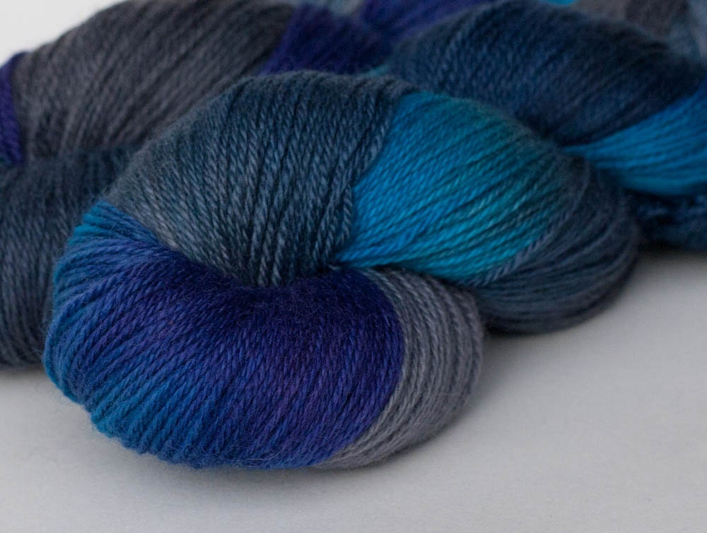 Handpainted blue, purple, grey BFL sock yarn, 4 oz: Bifrost
