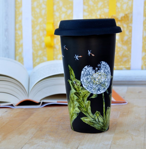 Chalkboard  Ceramic Travel Mug - Made to Order - Hand Painted Porcelain Eco Cup - White Dandelions - Black Silicon Lid