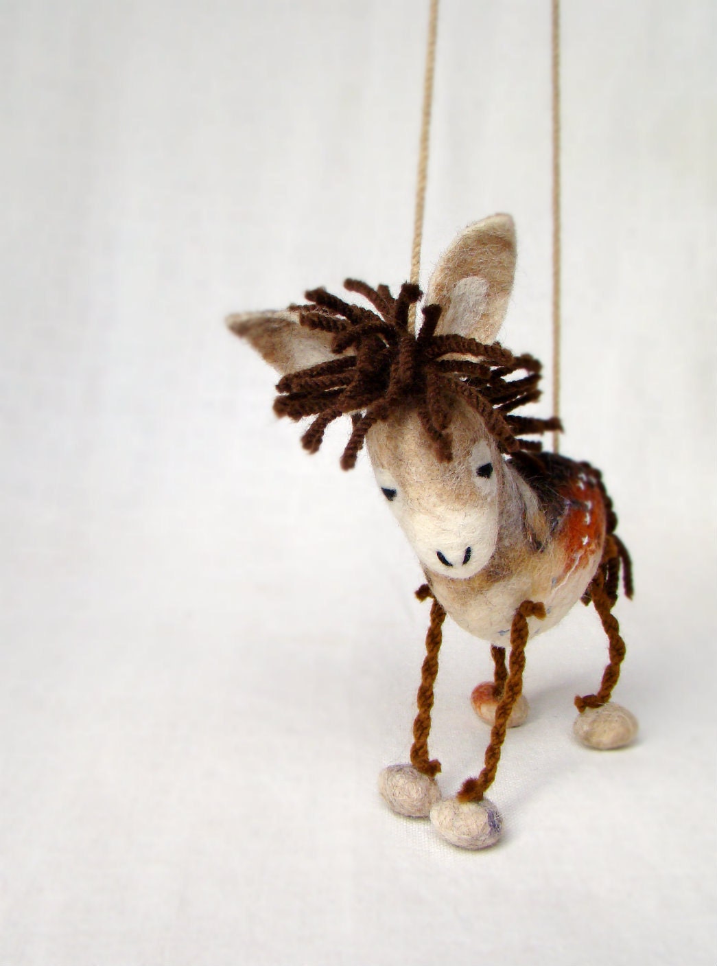 Luke - Felt Donkey. Art Toy. Felted Stuffed Marionette Puppet Handmade Toys. tan beige cream neutral brown. MADE TO ORDER.
