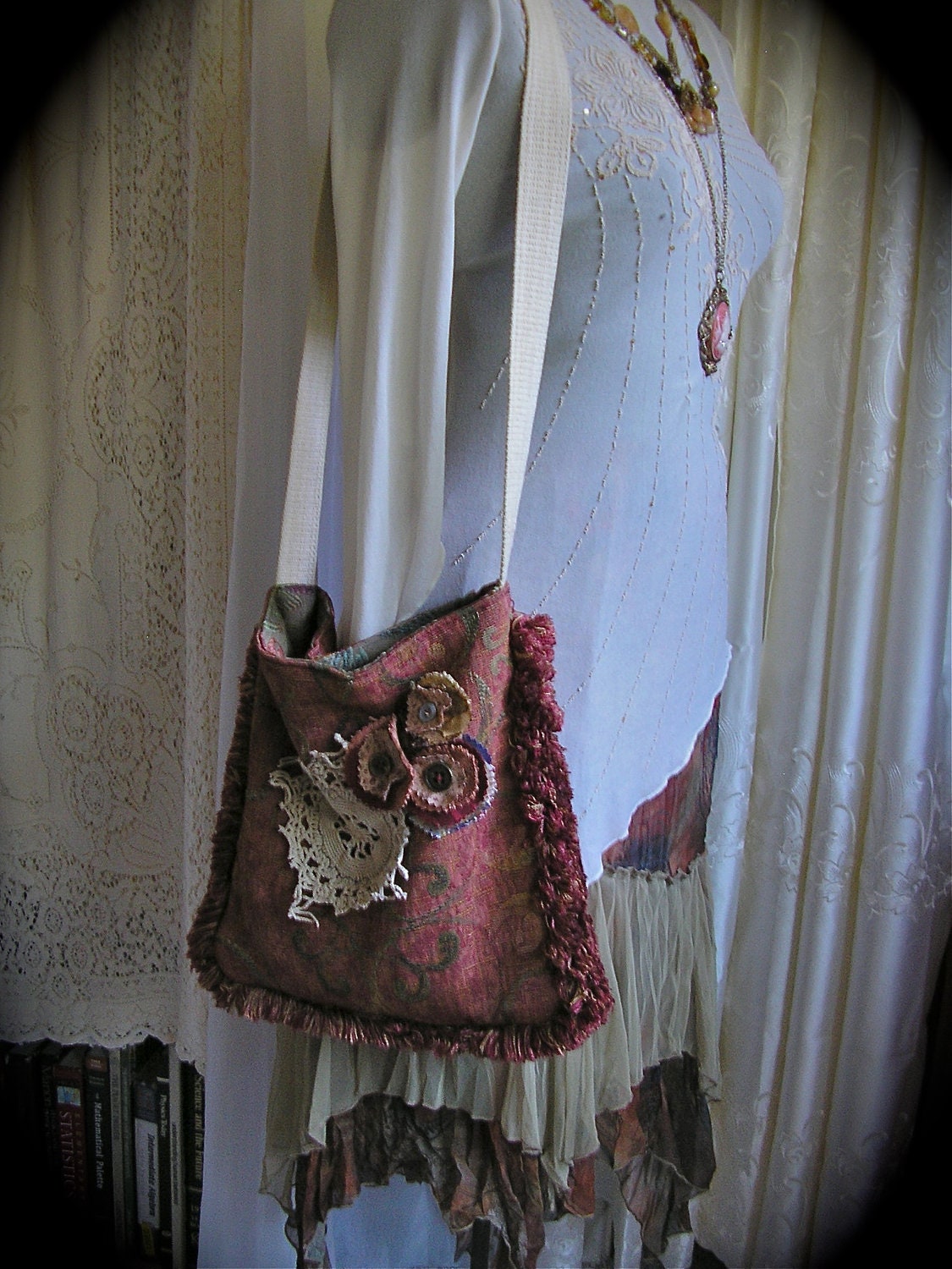 Upcycled Hippie Bag, handmade eco friendly, thick pillow fabric fringe, bohemian earth tones