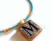 Art Nouveau Letter, Initial "M" Glass Tile Monogram Necklace - Turquoise and Amber Colored Glass Beads