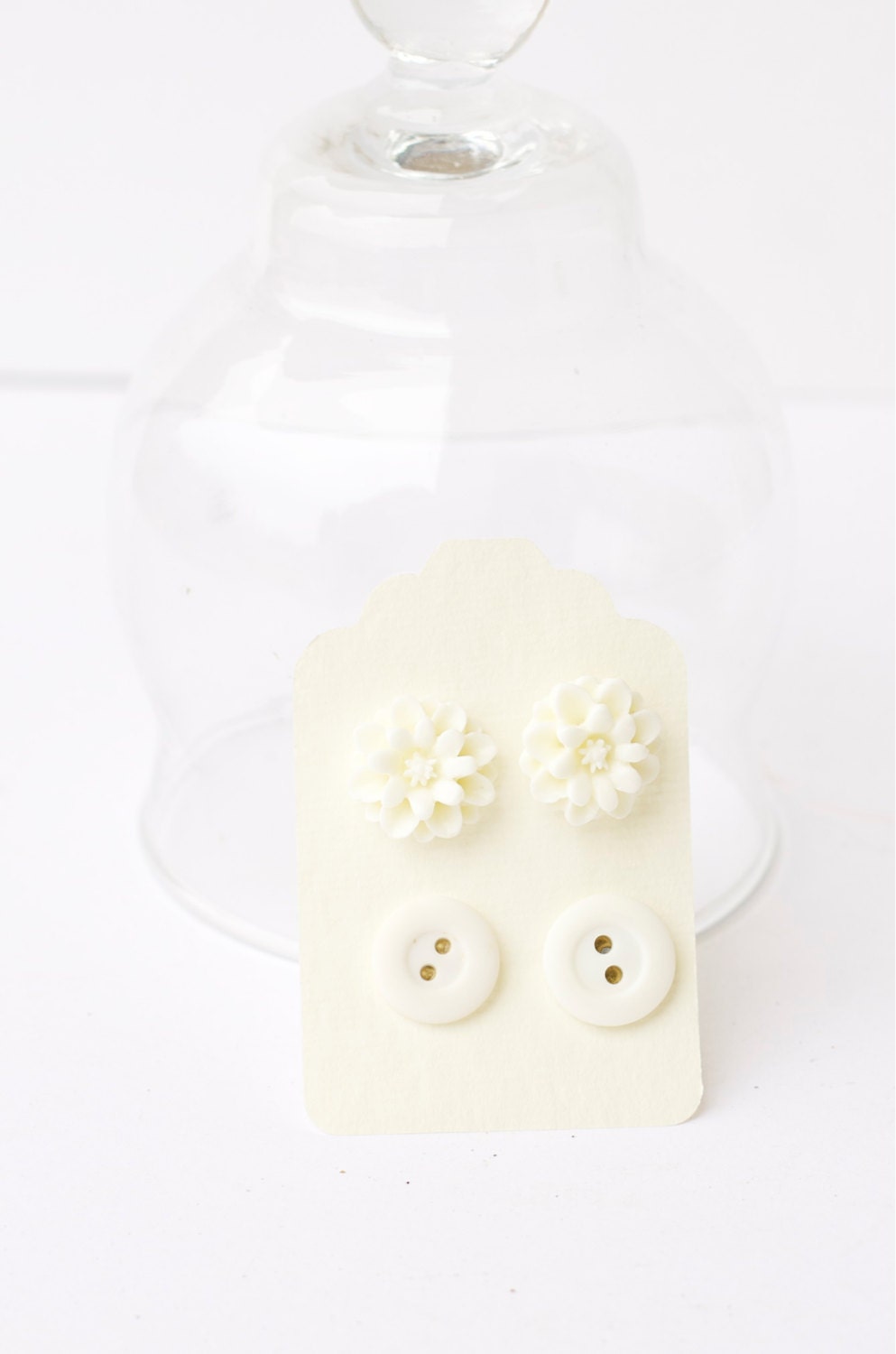 Button Stud Earrings Set of 2 Cream White Romantic Jewelry Pierced Post Gifts Under 25 Vintage Style Bridal Bridesmaid