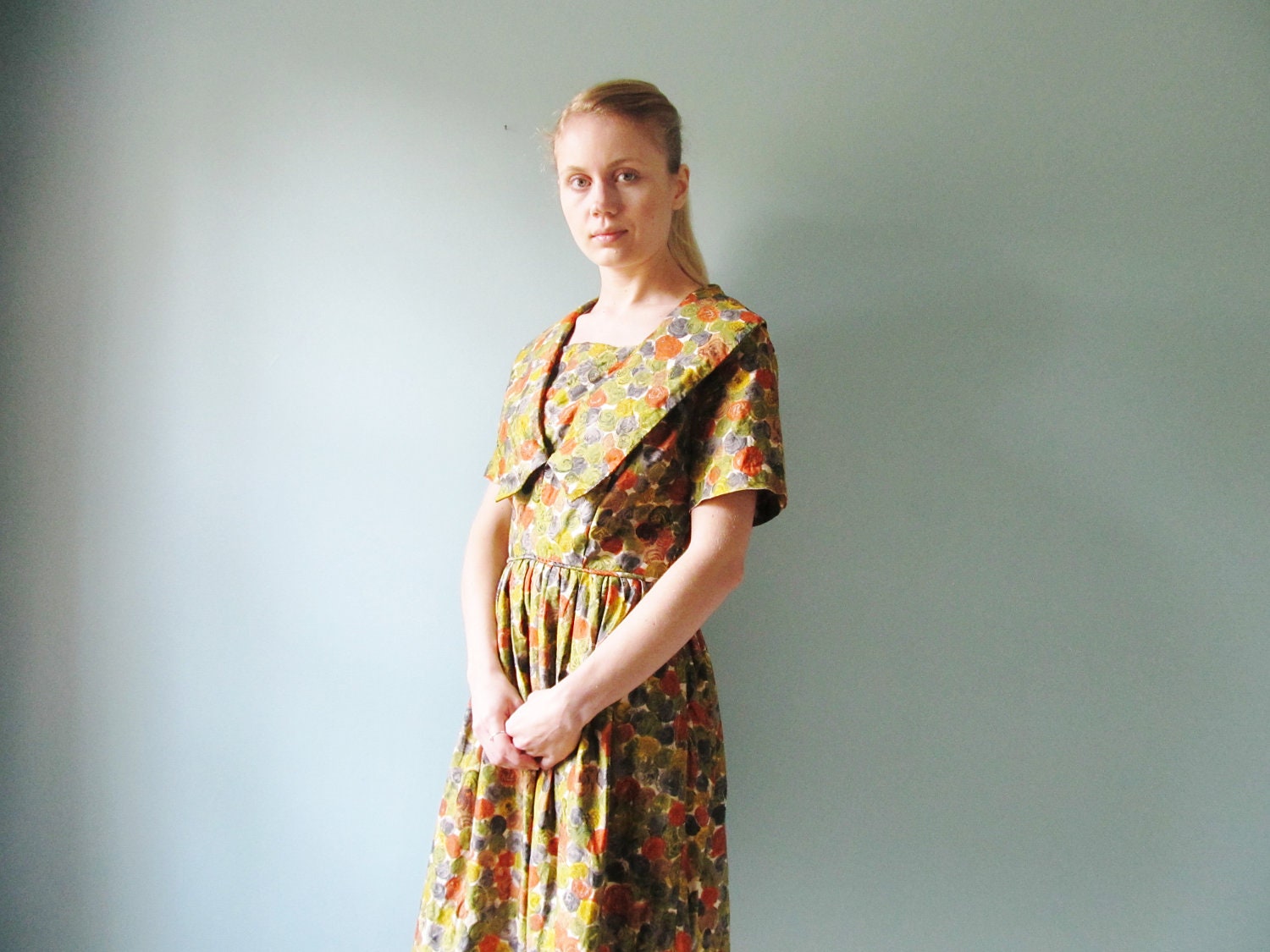 1950s full skirt dress abstract print cute collar medium small