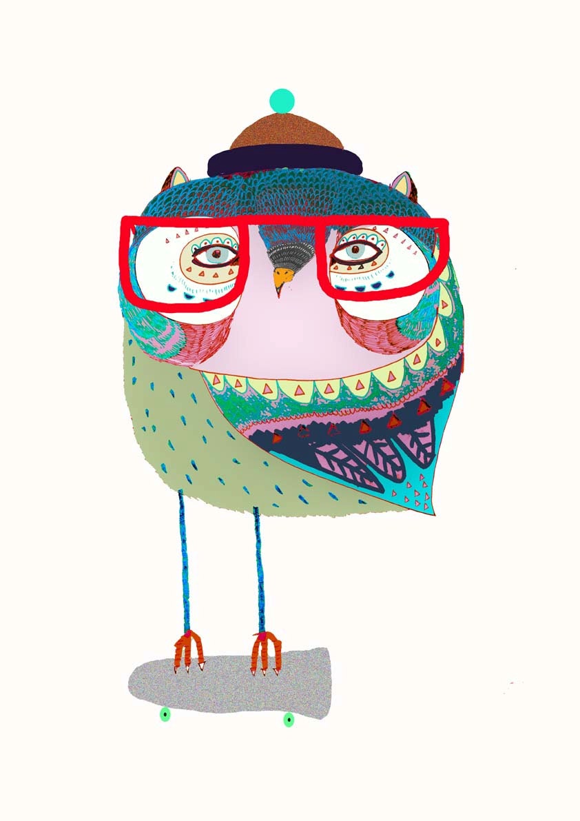 Owl Skater. Illustration print from original drawing.
