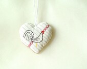 White embroidered textile heart, white ornament, soft heart, decorative ornament, fabric heart, textile ornament, embroidered rooster