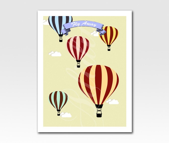 Art Print Hot Air Balloons Fly Away Nursery Baby Art A4 Print Home Décor Original Design by Adidit Print no. 182