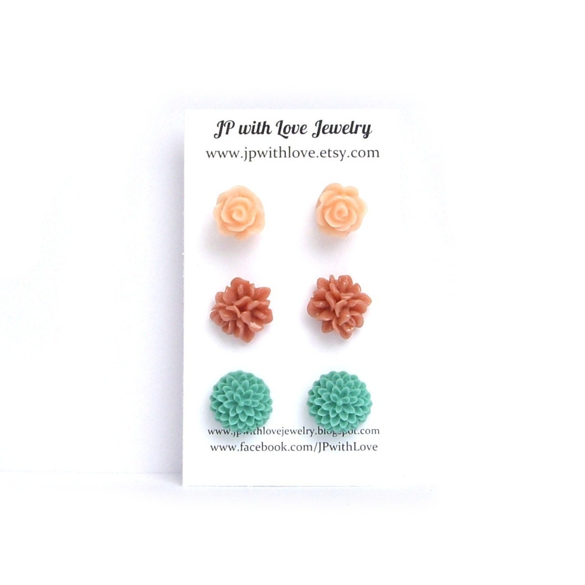 Teal Stud earrings, Flower Stud earrings, peach Stud earrings, cinnamon, resin rose, set of 3 ,resin flower jewelry
