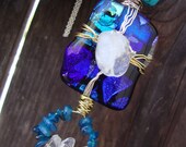 The most unique HUGE wire wrapped free form dichroic glass turquoise and quartz on long silver chain