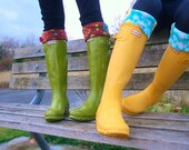 Boot Socks, Boot Cuffs, SLUGS Fleece Rain Boot Liners Turquoise With A Ikat Tribal Cuff in Turquoise and Yellow (Med/Lg 9-12 Boot)