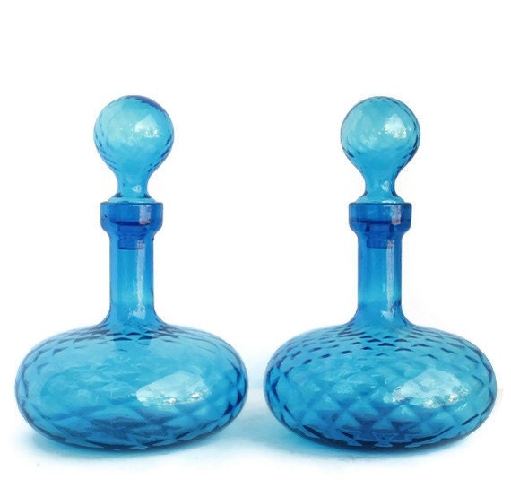 Pair Turquoise Quilted Glass Decanters