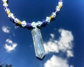 Quartz Point Necklace with Swarovski Crystal, Purple and Yellow, Crystal Point