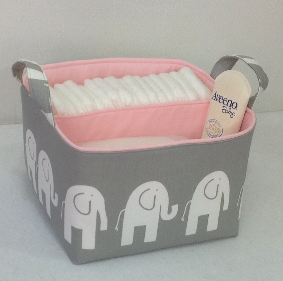 LG Diaper Caddy 10"x10"x7" Fabric Storage Bin Organizer Basket, White Elephant /Grey with Light Pink Lining