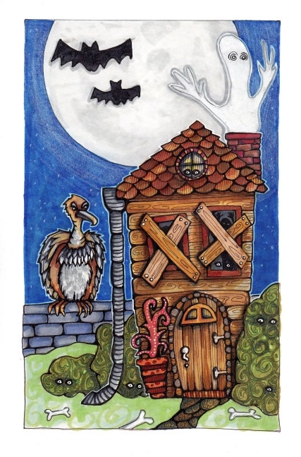 Original Illustration Haunted House with Buzzard, Halloween Art