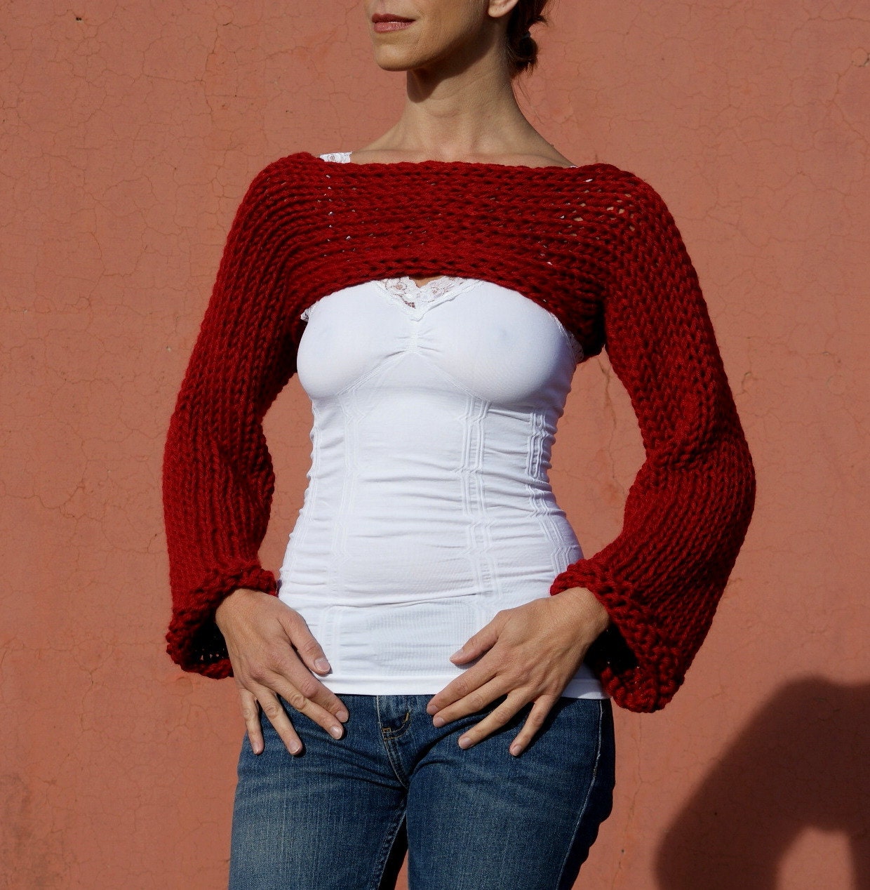 Analina - Sexy Red Chunky Warm Long Sleeve Cropped Sweater Shrug