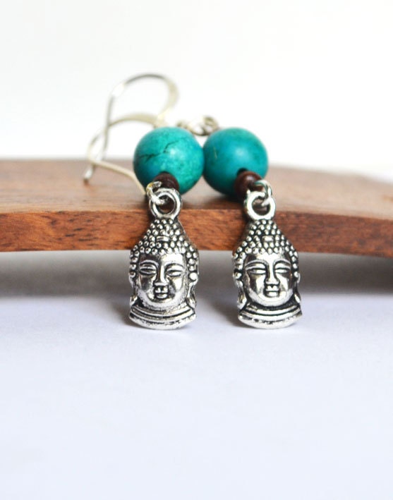 Buddha  Earrings Yoga, Wood and Turquoise Jewelry, Zen Buddah Silver Charm Earrings, Love n Lavish