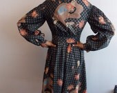 Vintage Print Statement DRESS - Cocktail 1950, poofy arms, lining, high collar, one of a kind