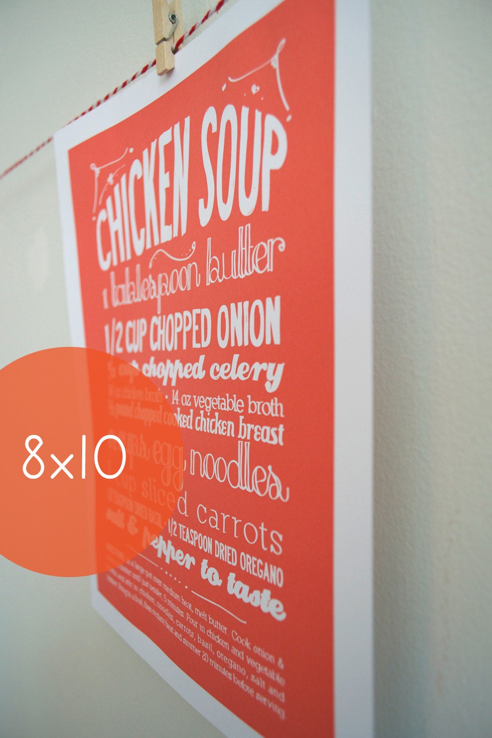 8x10 Kitchen Art Print of Chicken Soup Recipe with Handlettering