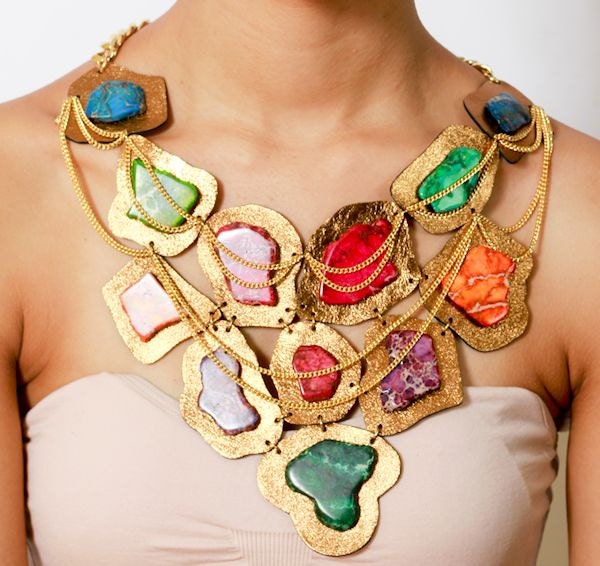 SALE Makeda Bib - Summer Necklace - Large High Fashion Gold-Tone Leather and Multi Color Stone Statement Bib Necklace