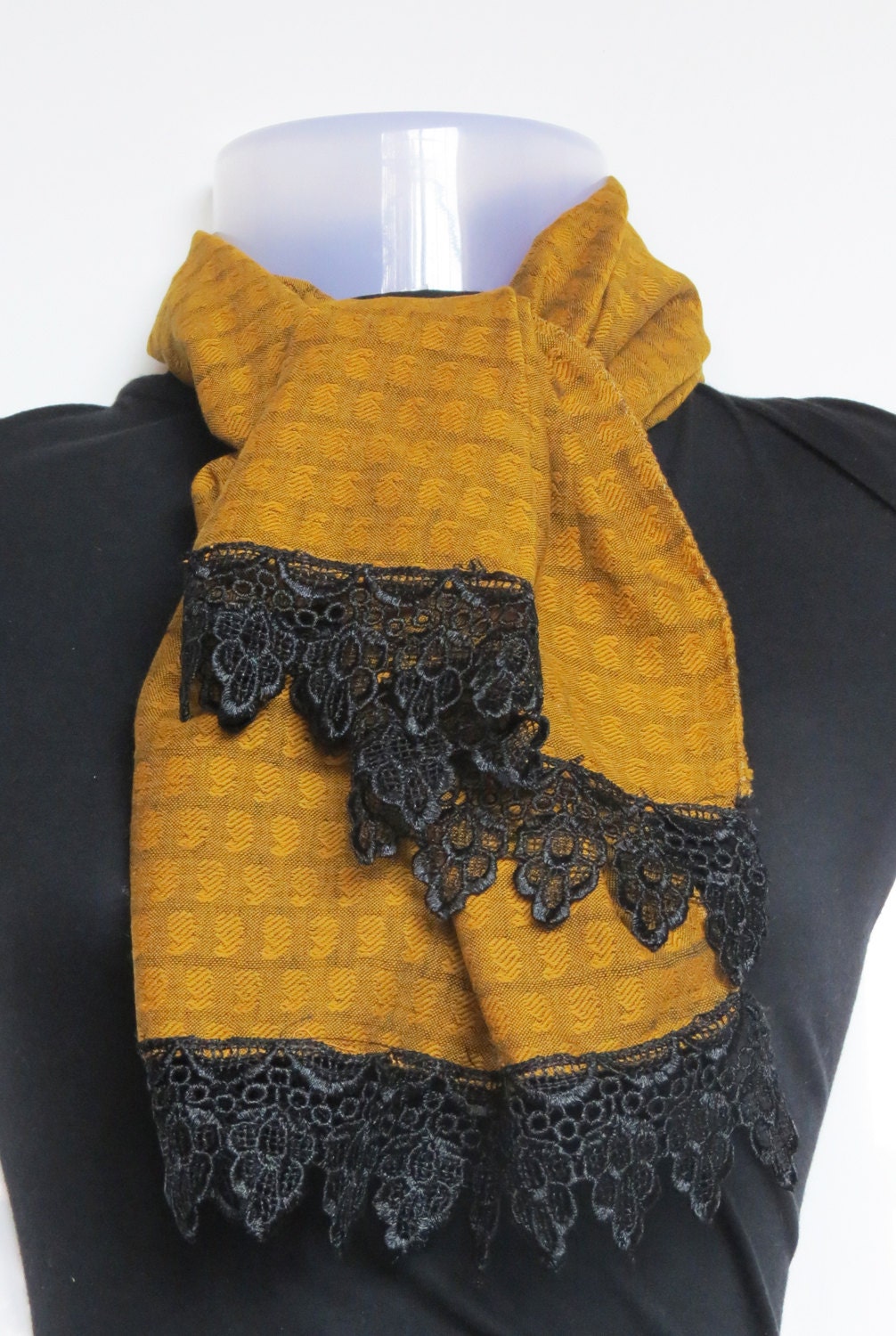 Warm Cotton & Wool Blend Scarf with Lace - Dark Mustard Yellow paisley printed with Black Lace
