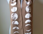 White Celestial Moon Phases on Brown Bunt Umber Sandwashed Screen Printed  Silk Scarf OOAK