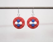Red disk earrings with white and blue pieces and silver plated ear wires