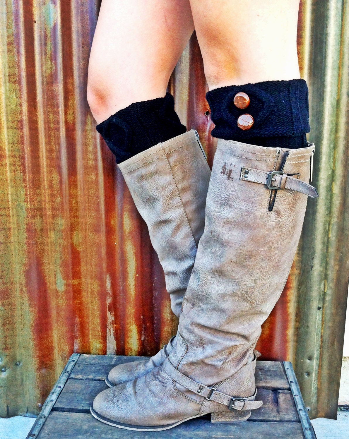 boot Cuffs BLACK Short Leg Warmers with Vintage Buttons Faux Boots Socks for a Layered WInter Look