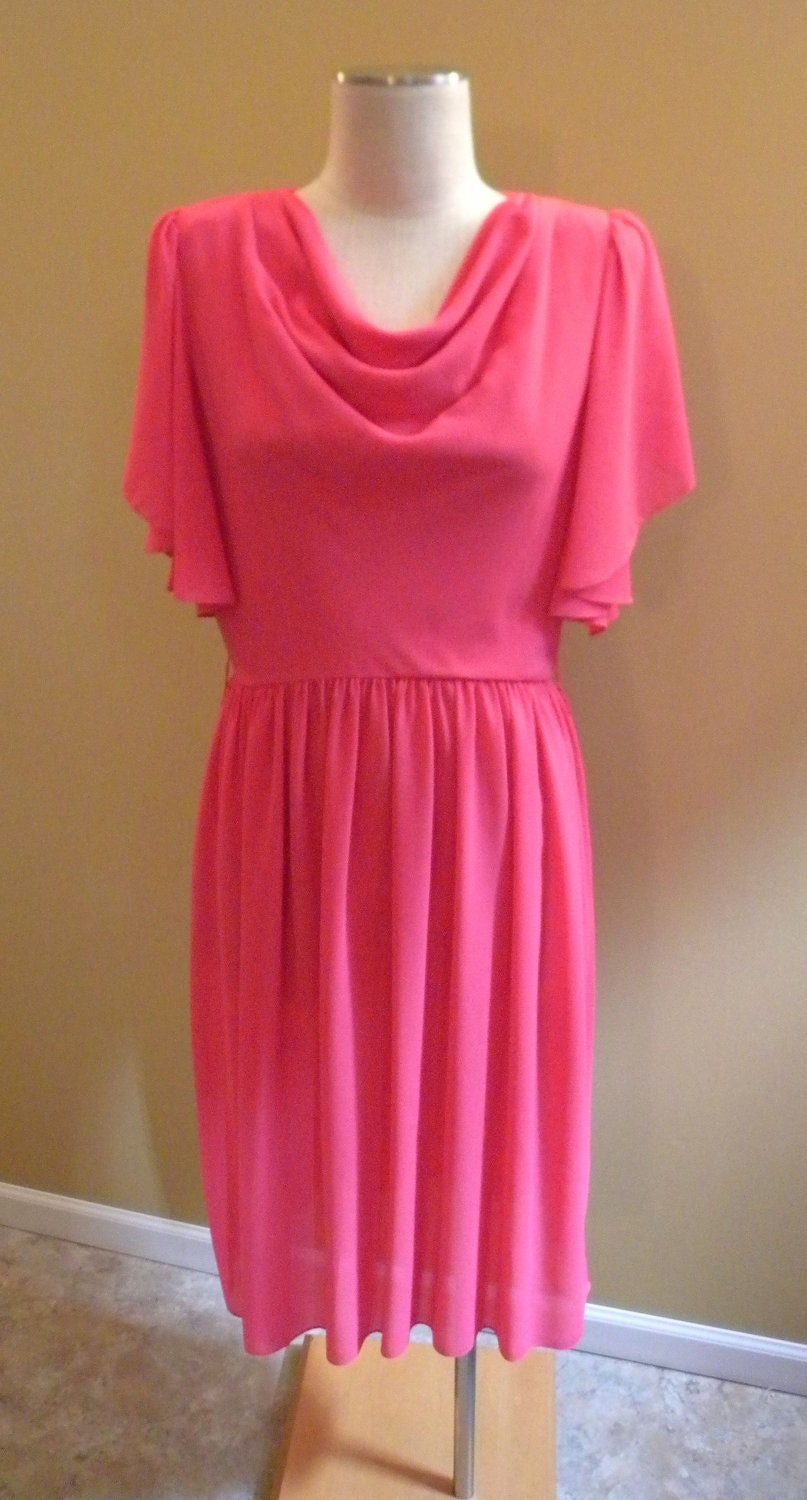 1970s Pretty Pink Chiffon Dress w/ Flutter Sleeves & Draped Neckline Size L