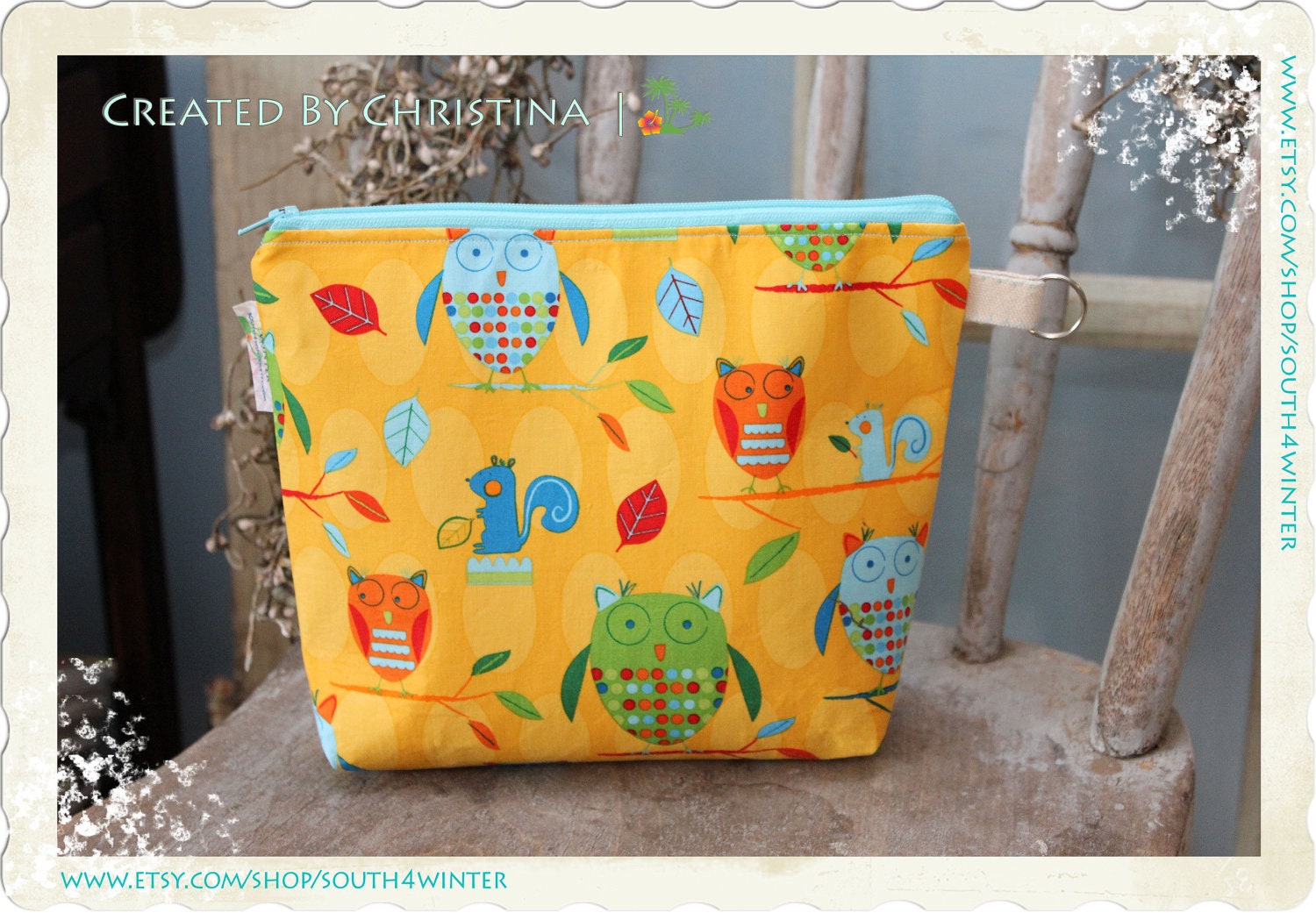 Medium Size Zippered Pouch with Key Ring Loop - Owls & Squirrels