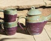 Purple and Sage Green Tea Set  with curly knob - Hand thrown Stoneware Pottery - ceramic tea pot and two tea cups