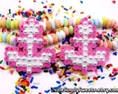 Kawaii Pear Pink Anchor perler bead earrings with pearl charms