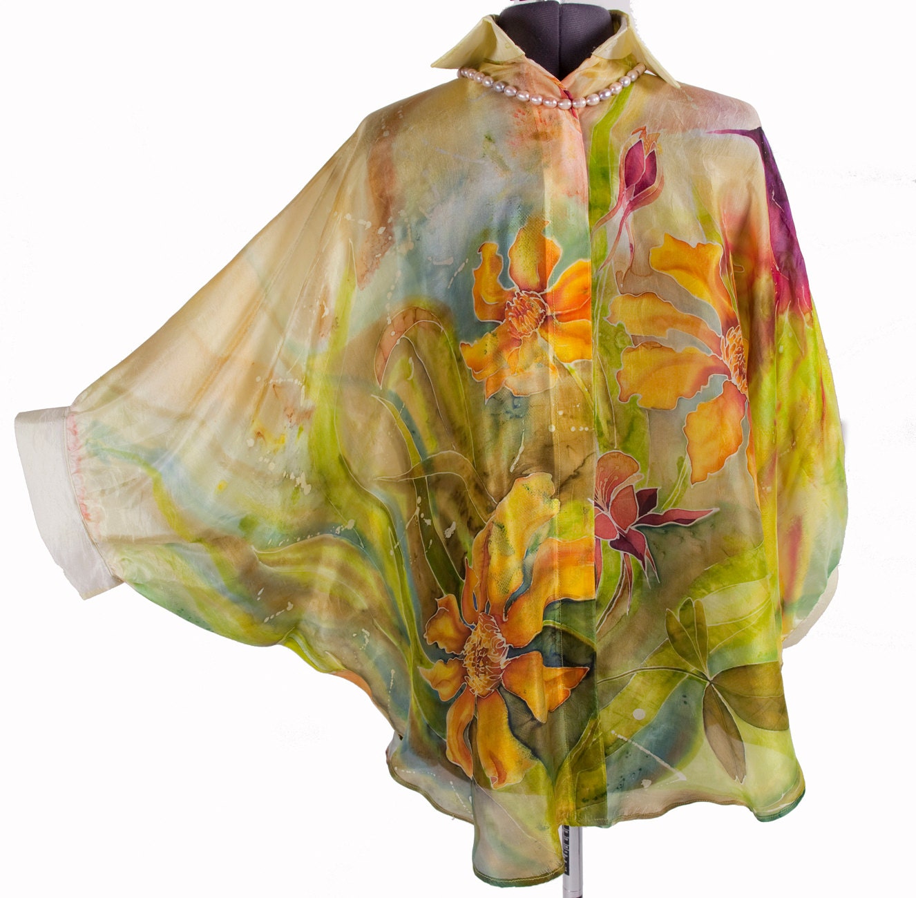 Yellow green silk blouse hand painted batik. summer blouse. Woman blouse plus size clothing, Womens XL