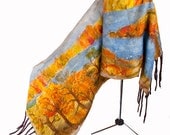Autumn landscape Luxurious silk double-sided shawl with hand-painted nuno felted scarf