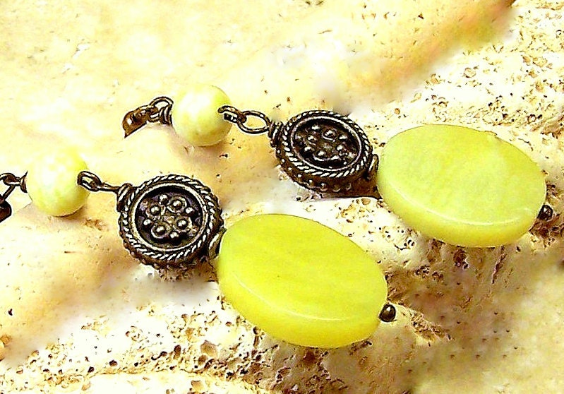 Earrings womens jewelry chartreuse African jade natural stone antique gold pierced long dangle earrings textured metal TAGT tenX