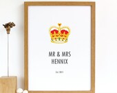 King and Queen. Mr and Mrs Personalized Custom Wedding Print Poster Wall Art. Keepsake Bridal Shower House warming Gift. A3 or 11x14.