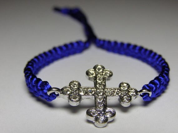 Gothic cross bracelet with rhinestones and macrame cord