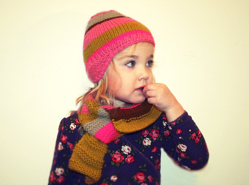 Hat and scarf girl hand knit striped pink mustard