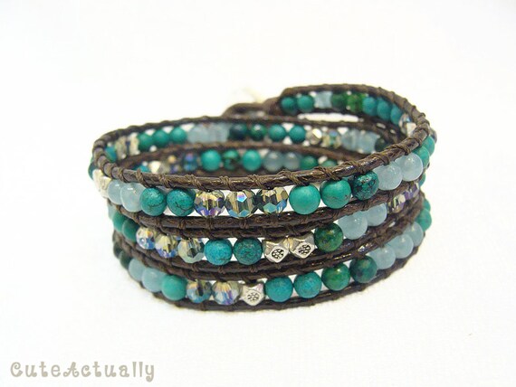 Blue stone wrap bracelet with crystal and metal beads on soft polyester cord, turquoise, blue agate, Chrysocolla