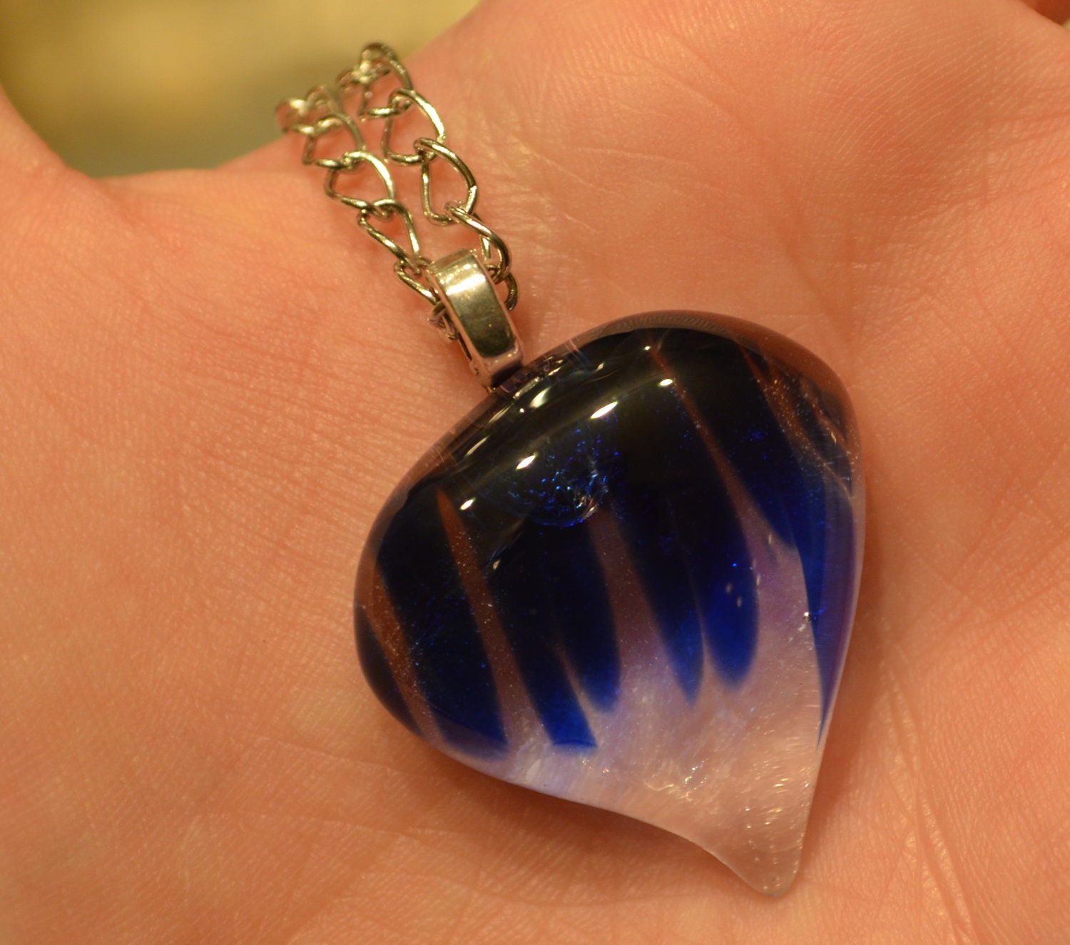 Cobalt blue and clear teardrop fused recycled glass pendant necklace on silver chain jewelry OOAK handmade