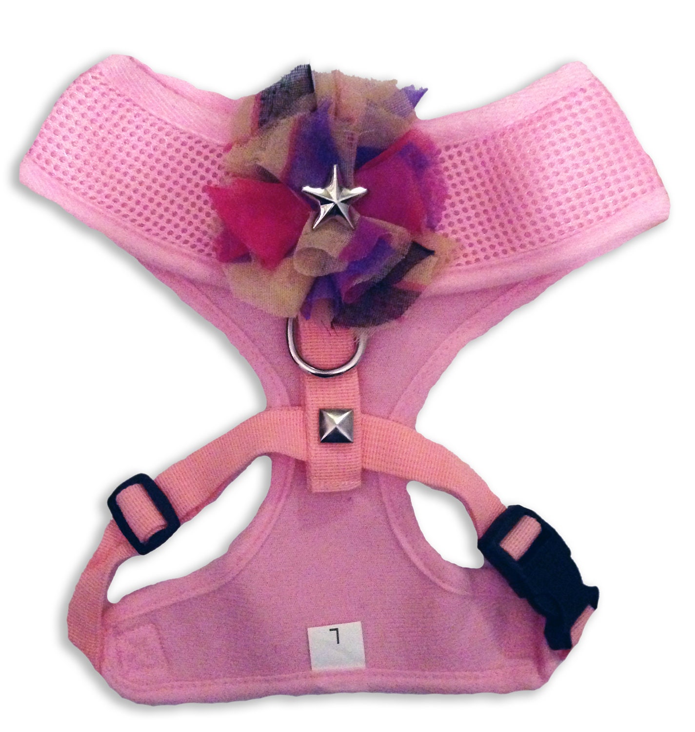 Dog Harness / Collar - Mesh Adjustable - Black or Pink - Size L "Colorblock Fabric Flower"