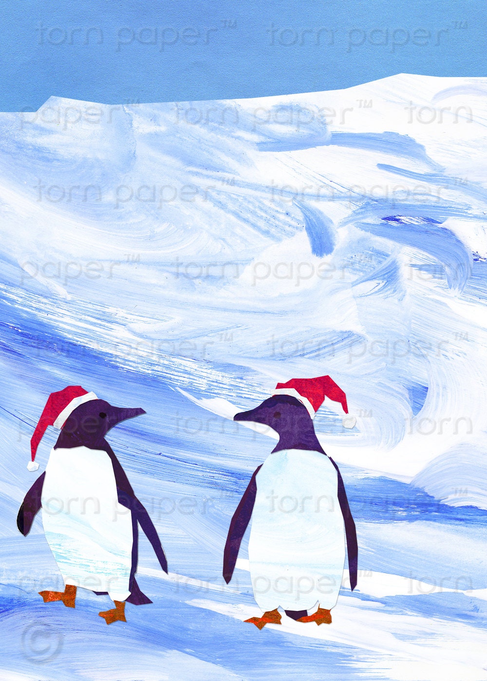 PAIR of PENGUINS -  "Wishing you a warm and cozy Holiday" Christmas  Card  2012 - 5"x7" Contemporary Collage Art Card - (CCHR2012024)