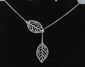 leaf lariat necklace , twin leaf necklace , double leaf lariat necklace , two leaf necklace , silver leaf necklace