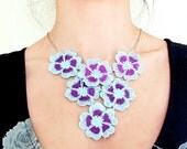 large blue flower lace necklace beaded statement necklace charms handmade Unique Fabric art jewelry  gift for her