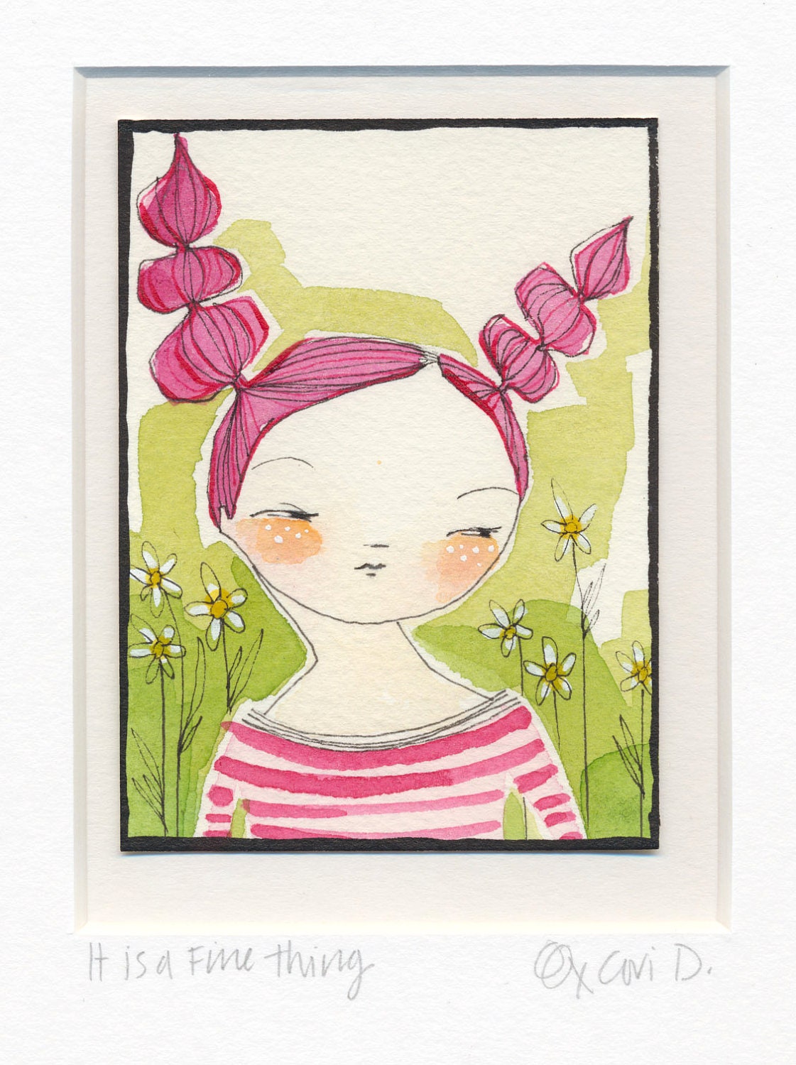 ORIGINAL ACEO, of a woman with flowers in her hair,  Artist trading cards, ATC whimsical watercolor by cori dantini