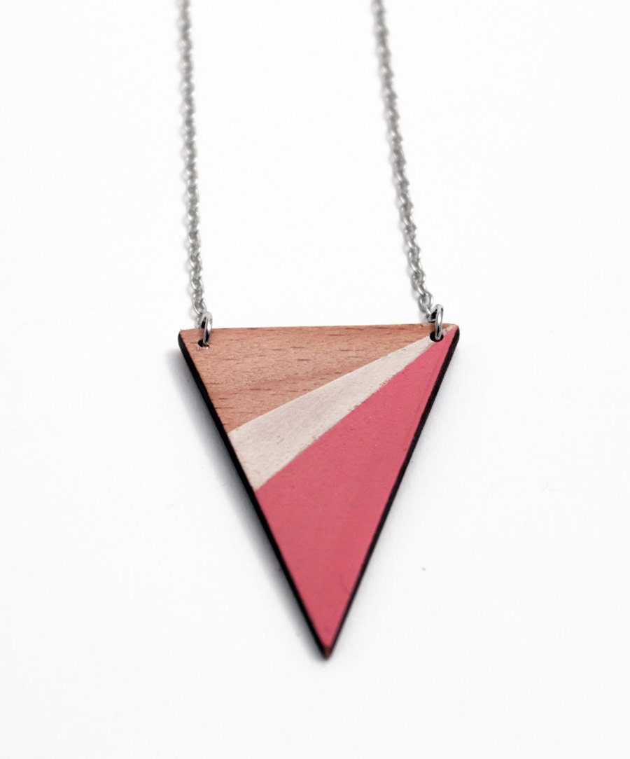 Geometric, wooden triangle necklace - rose, beige, natural wood - minimalist, modern jewelry - color blocking