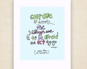 Inspirational 8 x 10 Wall Art Print - "Courage" - Blue Pink Green  Encouraging Art Print