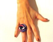 Mechanical Doll Eye Lasercut Wood Ring - Adjustable, Womens Rings, Steampunk Jewelry, Eyeball Rings, Purple, Hot Pink, Turquoise, Teen Girls