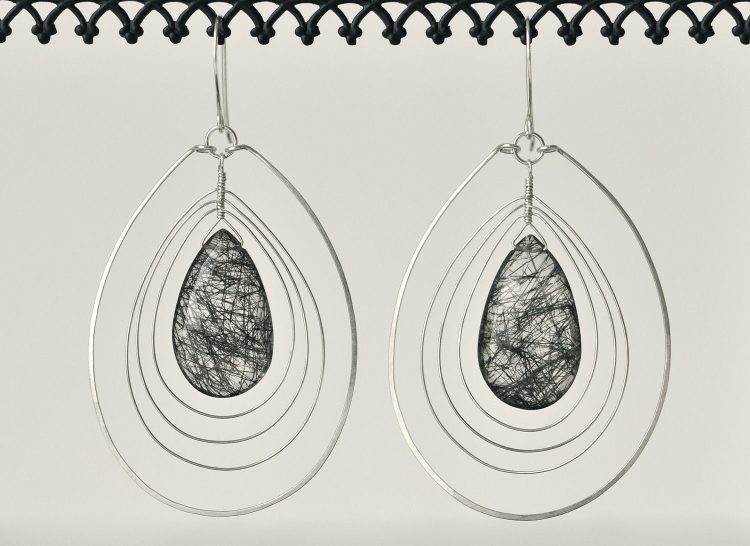 Black and white Earrings - Sterling Silver Statement Earrings -  Concentric loop Earrings with Rutilated Quartz