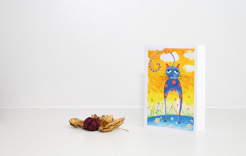 Birthday card set of three Funny greeting card with cat Gray kitty painting Kitten illustration Cute cat art