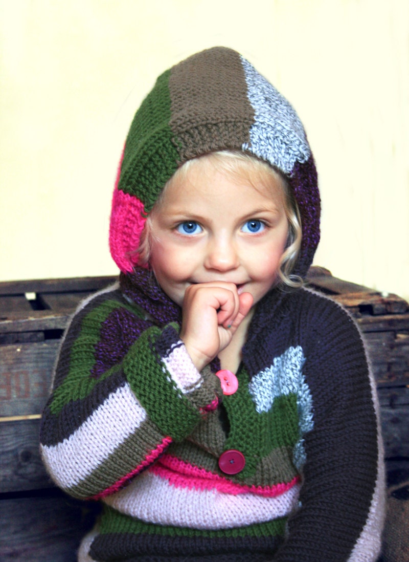 Knit striped hoodie girl pink