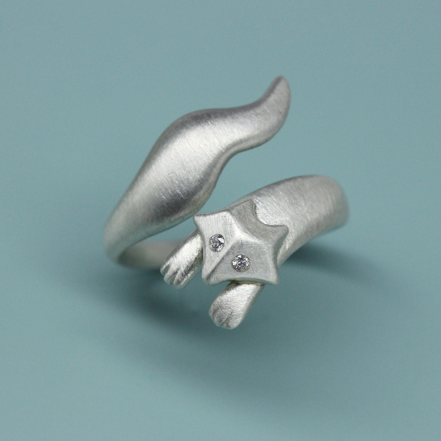 Size 9, Ready to ship, The running Fox Ring in Sterling Silver with Diamonds, Fine jewelry gift for Her